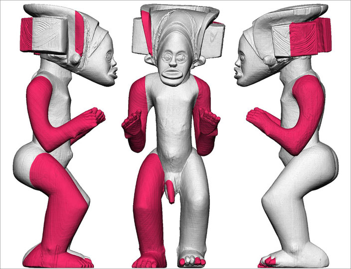 CT scan : opaque 3D views with superimposed drawing of the restored areas (in red)