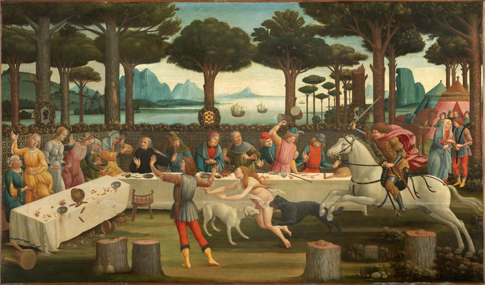 "El banquete en el pinar" (1483), por Sandro Botticelli, sobre un relato del Decamerón
