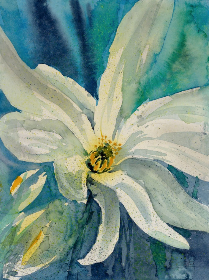 Wandbild Magnolien Aquarell gemalt von Jopie Bopp, kleines Hochformat, Farbe Blau und Weiß