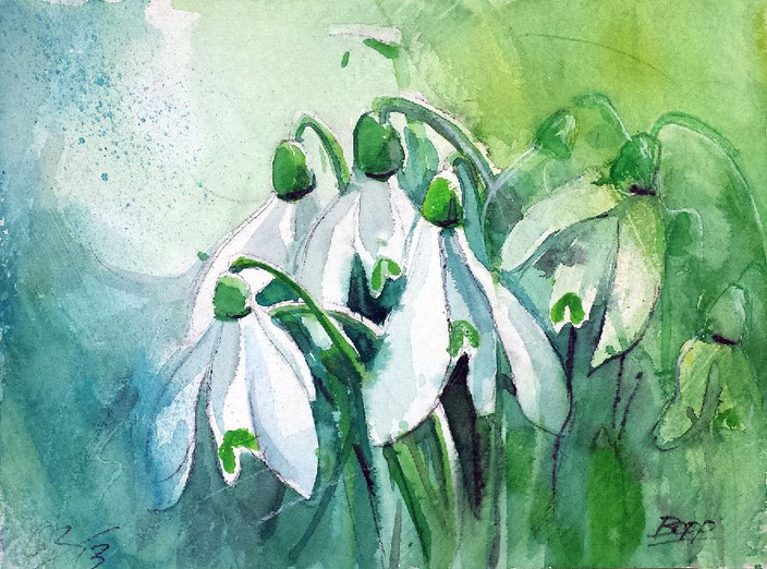 Wandbild Schneeglöckchen Aquarell gemalt von Jopie Bopp, Querformat Farbe Grün und Weiß