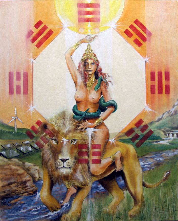 Wandbild Tarotkarte Die Kraft, gemalt vom Künstler Jopie Bopp / Sakis-Tarot, Schöne Frau, Tempeltänzerin mit Schlange reitet auf einem LöwenHochformat, Farben Orange und Grün