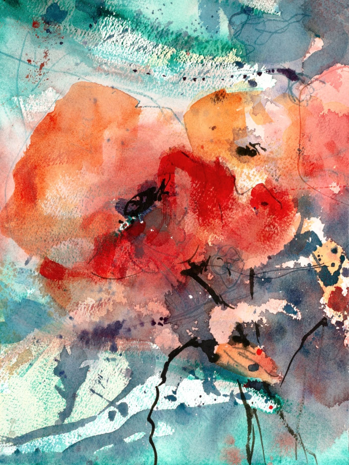Wandbild Mohnblumen, abstraktes Aquarell gemalt von Jopie Bopp, kleines Hochformat, Farbe Rot