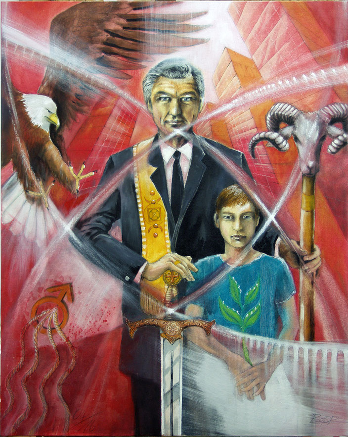 Wandbild Der Herrscher, Sakis-Tarot, als Original, Leinwandbild, Kunstdruck oder Poster, gemalt von Jopie Bopp, Hochformat in der Farbe Rot