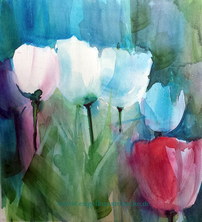 Wandbild Blumen Aquarell von Jopie, Format quadratisch, Farben weiß und Rot