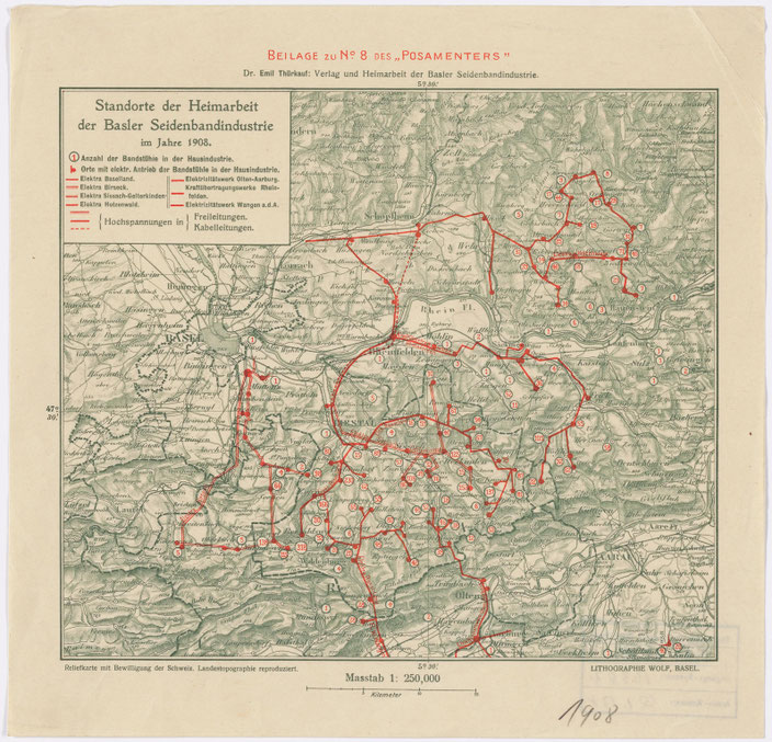 Dr. Emil Thürkauf: Karte aus der Dissertation "Verlag und Heimarbeit in der Basler Seidenbandindustrie" (1909)