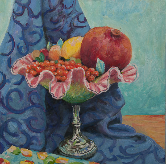 leuchtendes Stillleben mit schale, obst, zitrone, beeren, apfel, granatapfel, decke, spiegelung zeitgenössische Malerei, painting, acryl