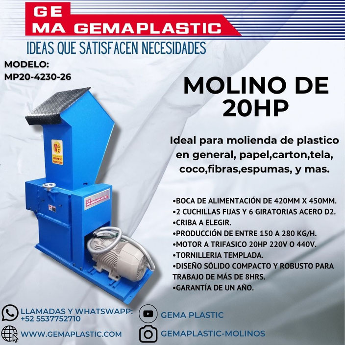 MOLINO PARA PLASTICO, MOLINO PARA PET,  RECICLAJE DE PET, RECICLAJE DE PLASTICO, MOLINO DE 20HP, TRITURADOR DE PLASTICO, TRITURADORA DE PLASTICO, MOLINO GRANULADOR 
