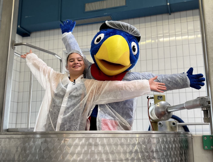 Arin und Globi bei der Käseproduktion.