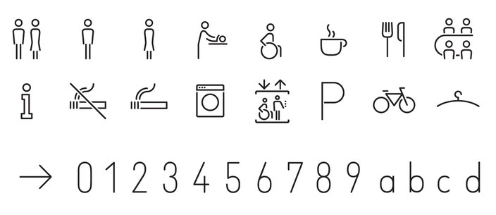 Piktogrammfamilie, alle Zeichen für Sanitär, Gastronomie, Verwaltung, Büro und Verkehr