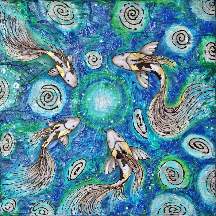 GOLD FISHES dipinto acrilico e collage su tela, misura 40 x 40 cm