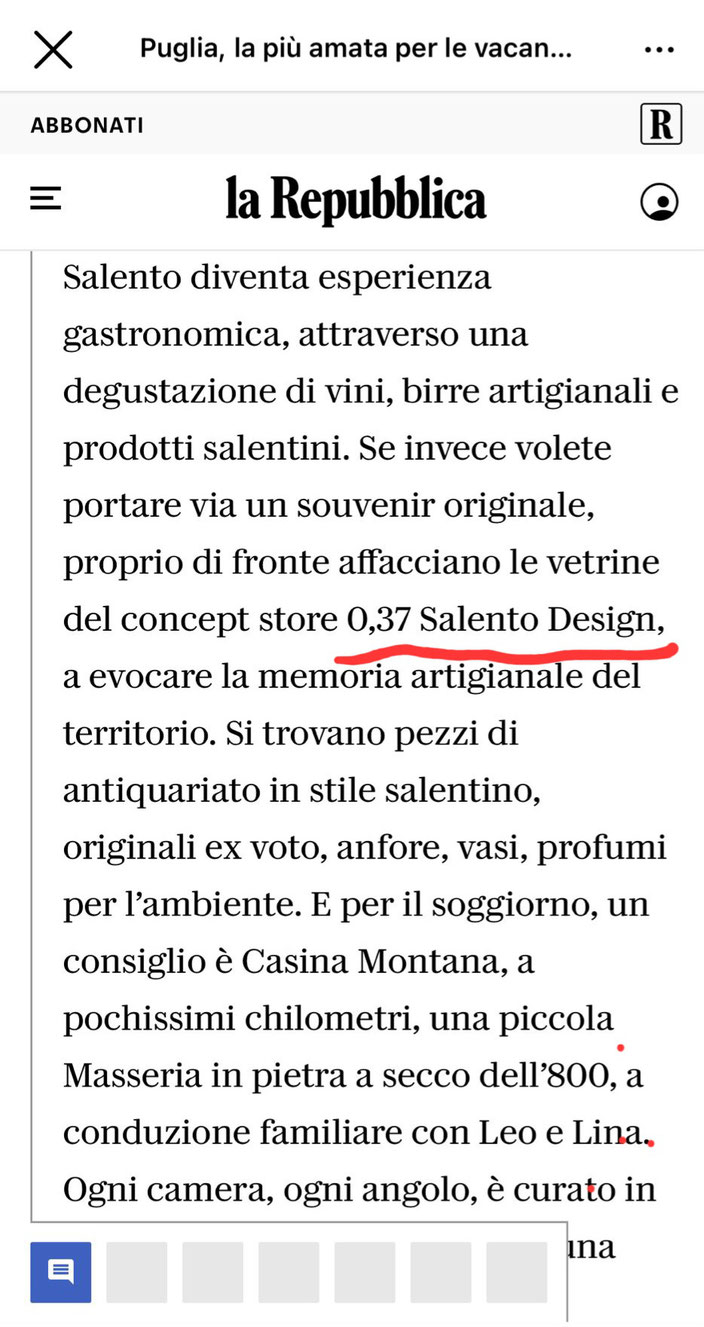 La Repubblica Viaggi parla di 0,37 Salento Design