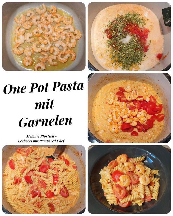 One Pot Pasta mit Garnelen emaillierter Gusseisentopf Emaille Emailletopf