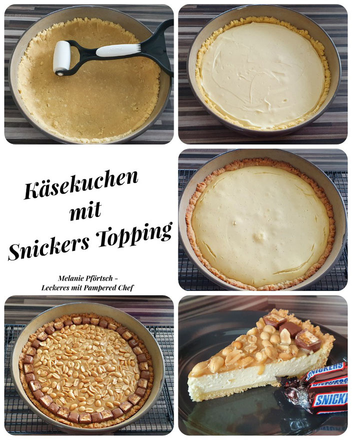 Käsekuchen mit Snickers-Topping Pampered Chef Stoneware rund Kuchengitter Teigroller