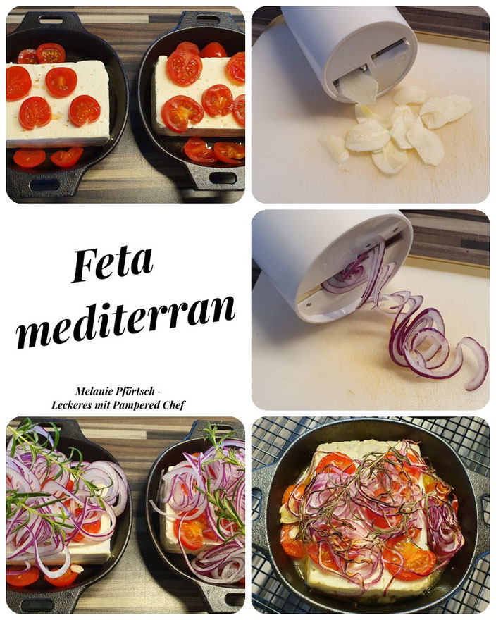 Feta mediterran gusseiserne Bratpfanne Gusseisenpfanne Kuchengitter Tausendschön Knoblauchschneider Schneidbrett