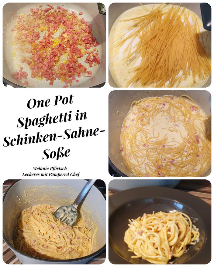 One Pot Spaghetti in Schinken-Sahne-Soße Emailletopf Gusseisentopf 