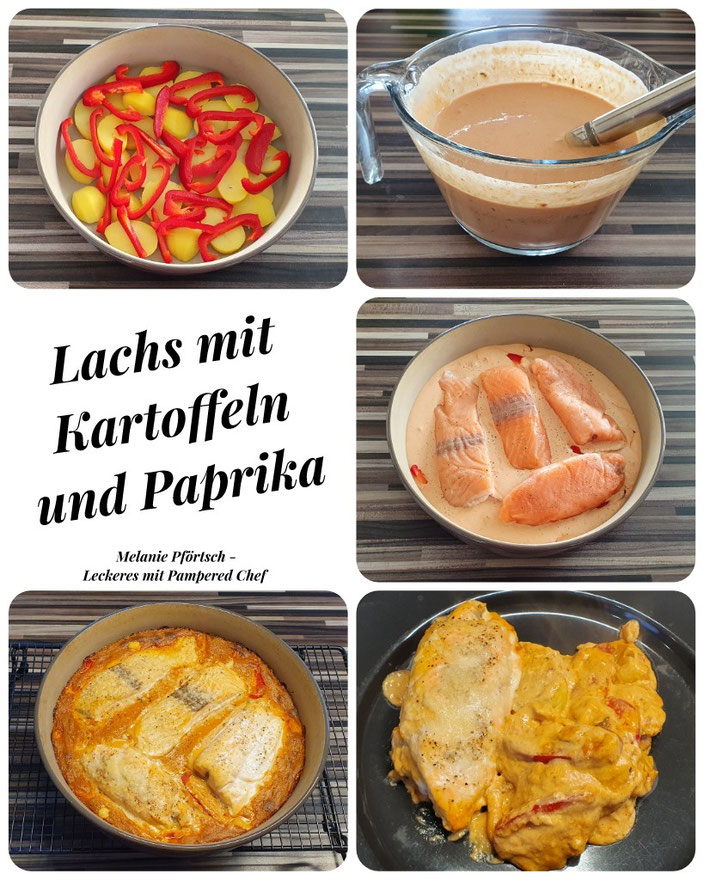 Lachs Kartoffeln Paprika Stoneware rund Pampered Chef Kuchengitter Nixe