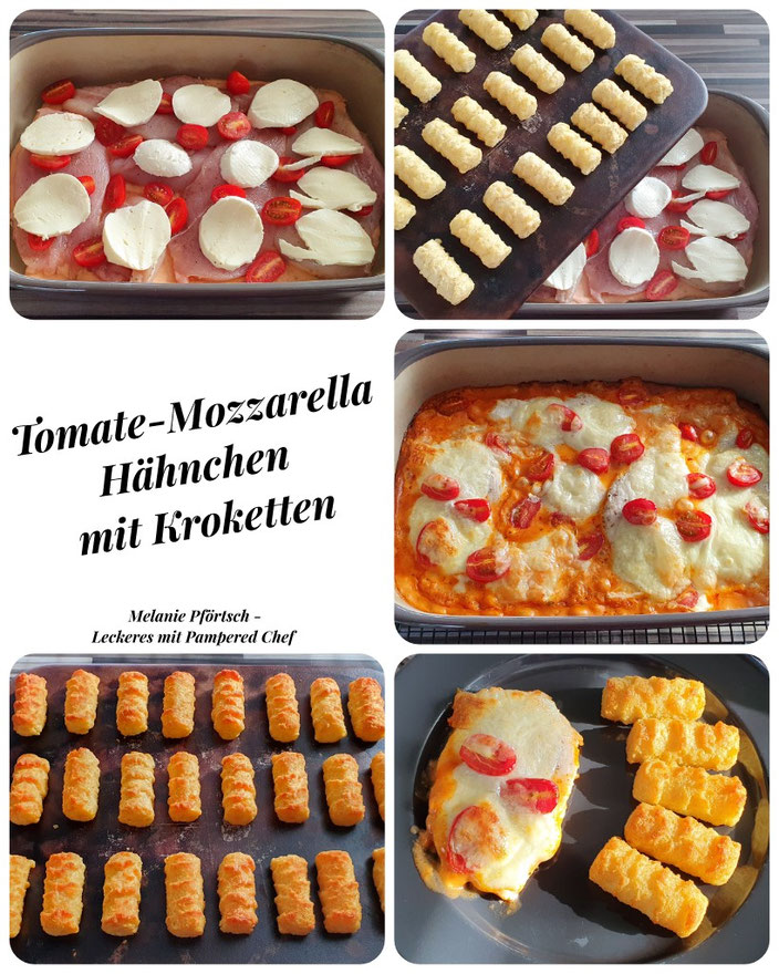 Tomate-Mozzarella-Hähnchen mit Kroketten Grundset Ofenhexe Zauberstein Kuchengitter Pampered Chef