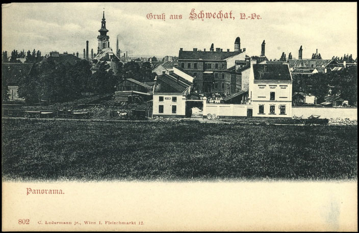 Schwechat vor 1905. Links das Popperbrauhaus, rechts das Figdorbrauhaus.