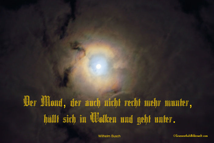 Der Mond, der auch nicht recht mehr munter,  hüllt sich in Wolken und geht unter.  Wilhelm Busch