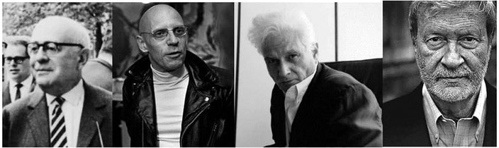 Da sinistra: Theodor Adorno, Michel Foucault, Jacques Derrida, Gianni Vattimo