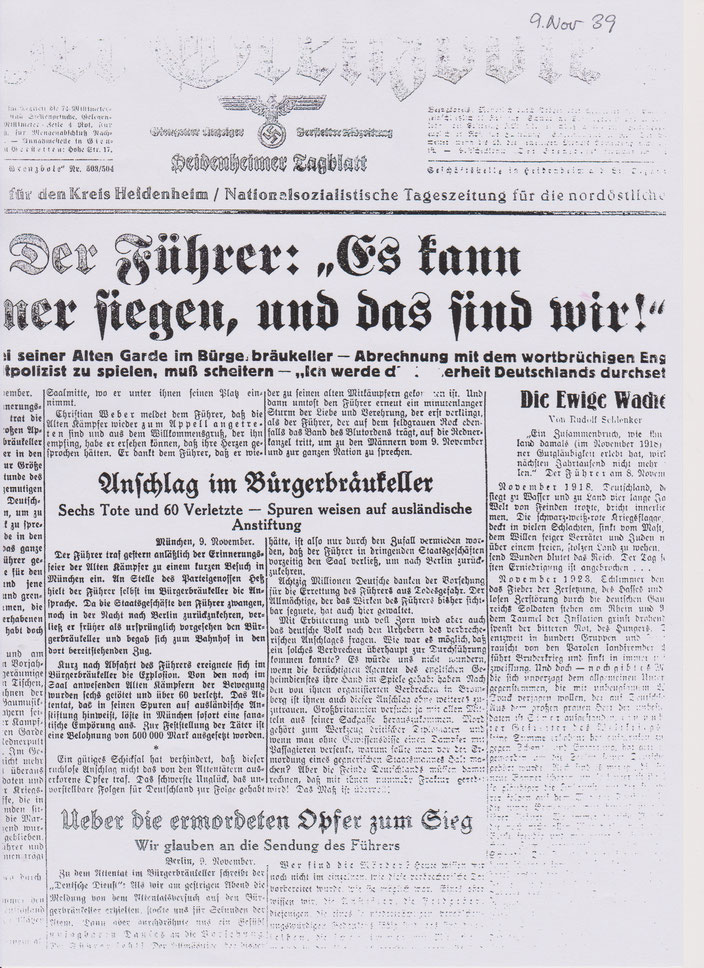 Grenzbote 09.11.1939: Rede Hitlers teilweise / Meldung Attentat