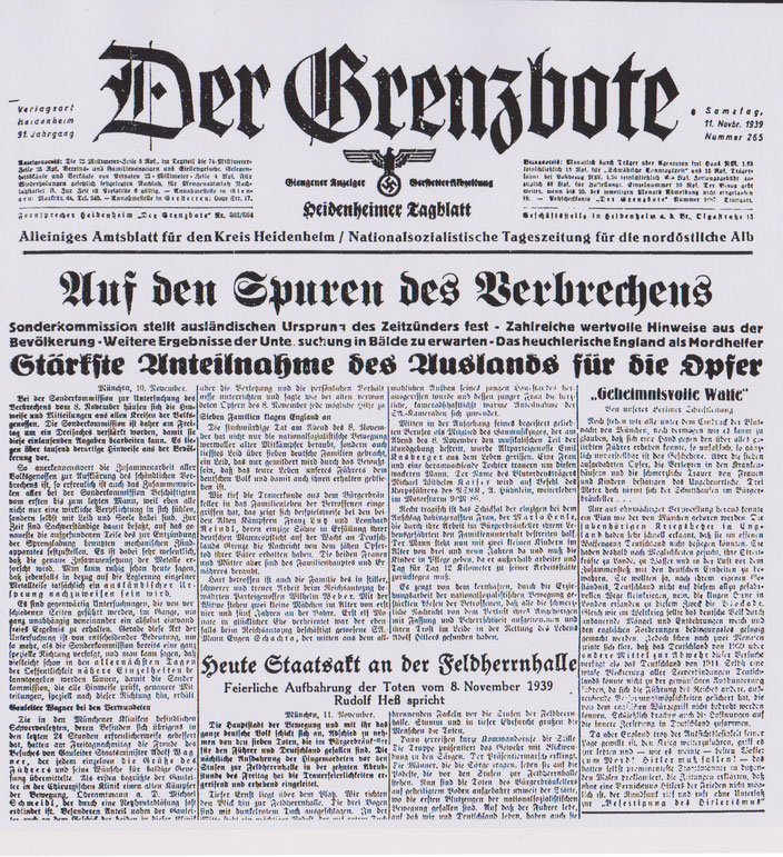 Grenzbote 11.11.1939: Lenkung des Verdachts auf England / Staatsakt in München