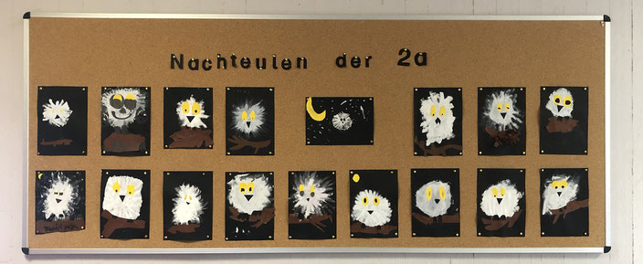 Die Bilder der Nachteulen auf einer Korkleinwand.