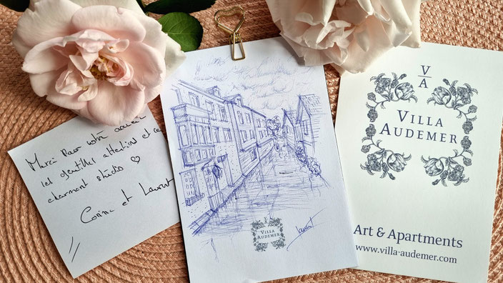 Livre d'or dessin Pont Audemer Normandie peinture aquarelle art appartement Villa Audemer