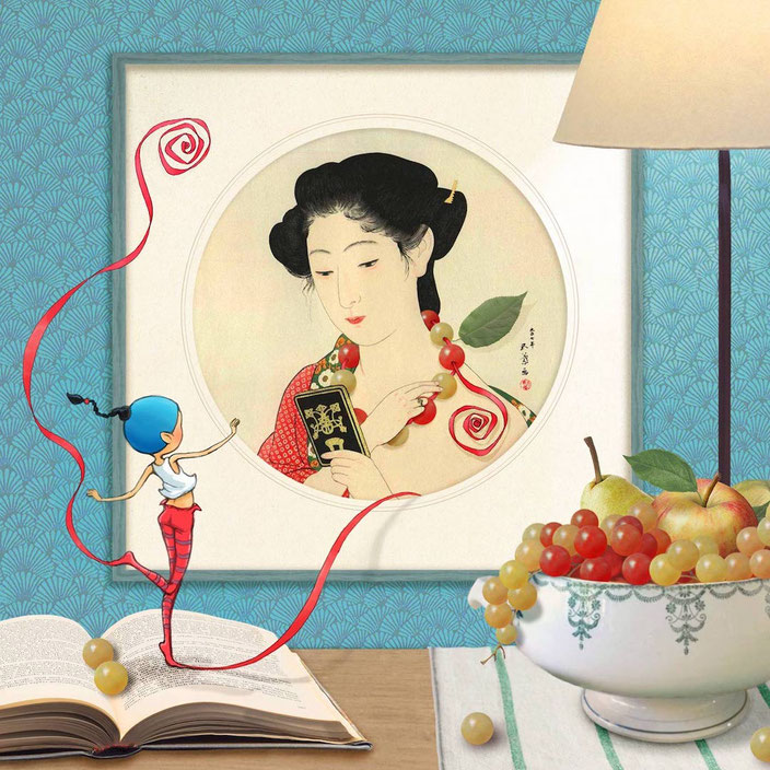 Timeliot fabrique un collier de grains de raisin à une femme d'une estampe japonaise