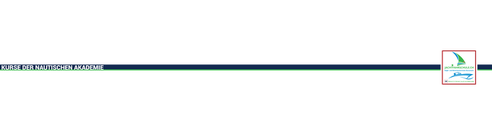 Grafischer Divider mit dunkelblauem Balken und grünem Akzent, links Schriftzug Kurse der Nautischen Akademie, rechts das Logo der Jachtfahrschule.ch – Gestaltungselement für Kursübersichten der Nautischen Akademie.