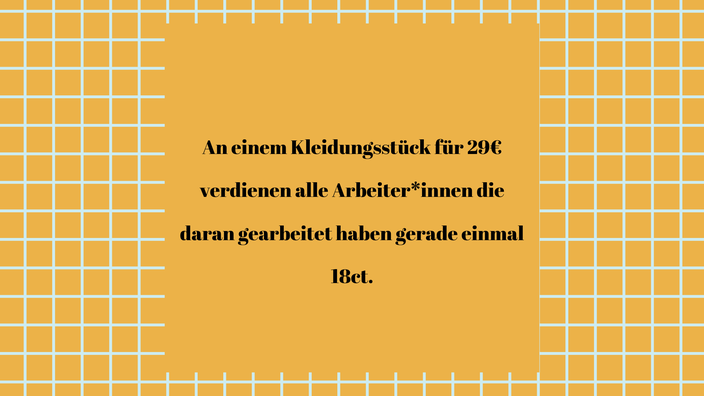 Graphik: Nehmen wir ein Kleidungsstück für 29€ als Beispiel, dann verdienen alle Arbeiter*innen die daran gearbeitet haben gerade einmal 18ct.