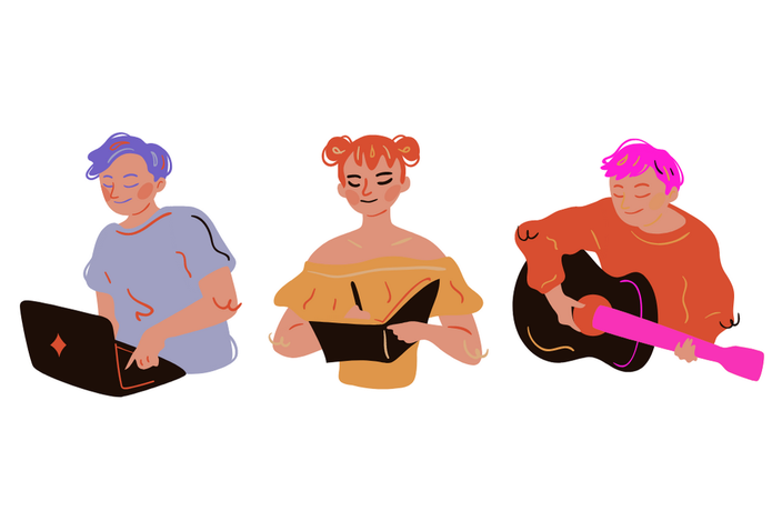 Take Up Space: Drei genderneutrale Personen von links nach recht am Computer, in ein Notizbuch schreibend, Gitarre spielend