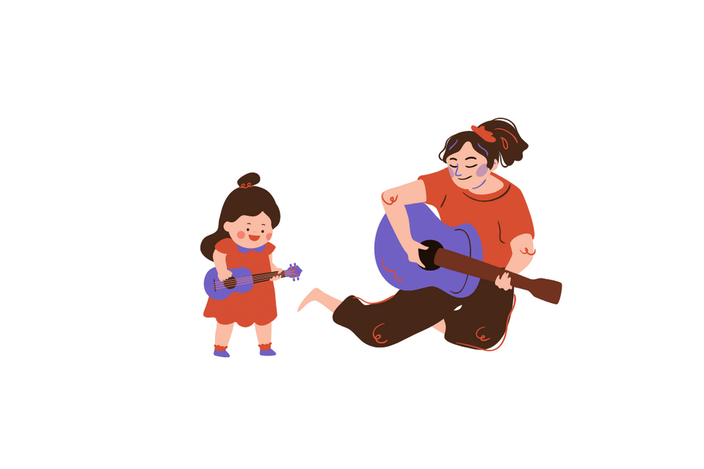 Titelbild: Kleines Kind mit Gitarre, daneben Kind als Erwachsene mit Gitarre