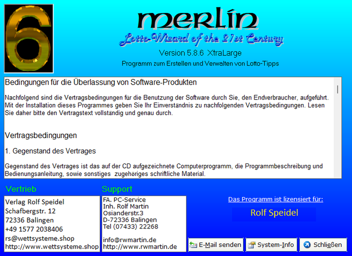Adressen für Vertrieb und Support von Merlin - the lottowizard