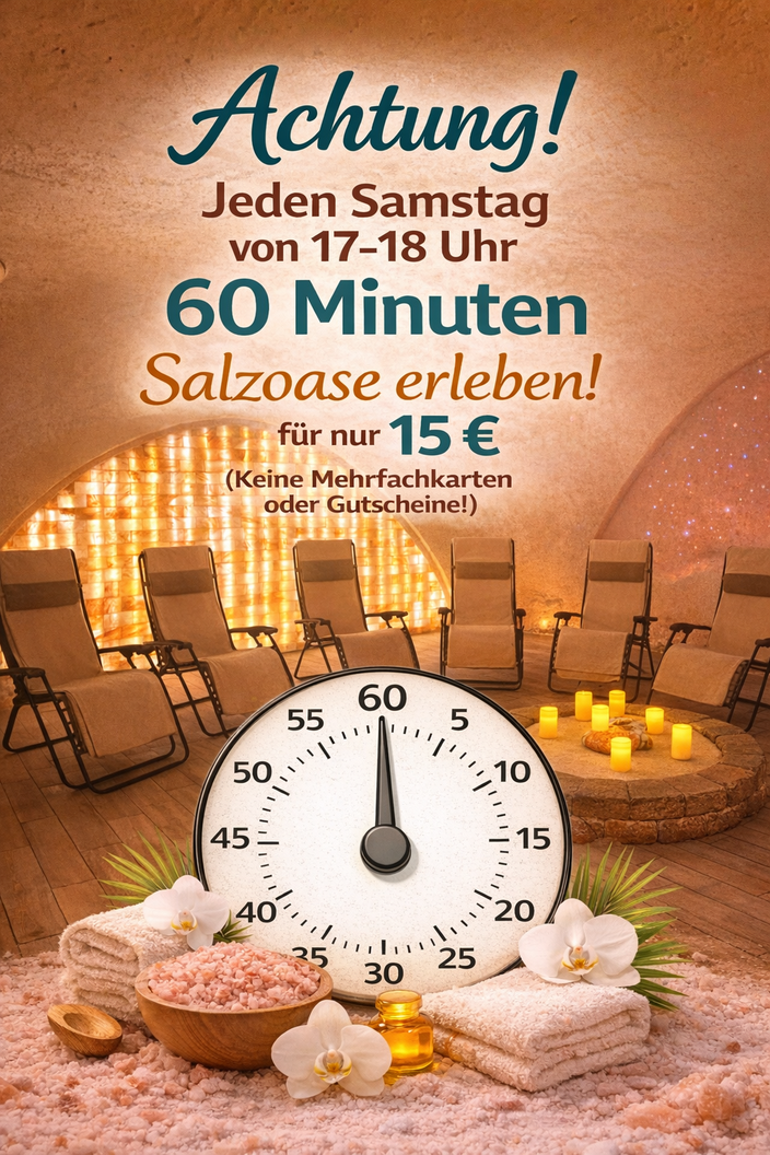 Achtung! Jeden Samstag von 17-18 Uhr 60 Minuten Salzoase erleben für nur 15€. Hierfür gelten weder Mehrfachkarten noch Gutscheine