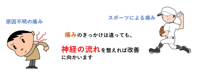 原因不明の痛み、スポーツによる痛み。痛みのきっかけが違っても、神経の流れを整えれば改善に向かいます