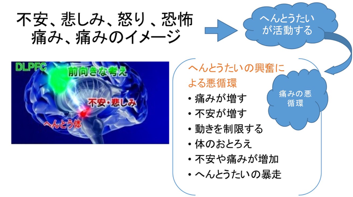 不安、恐怖、怒り、悲しみといった感情が脳の扁桃体を興奮させ痛みを強く感じるようになります