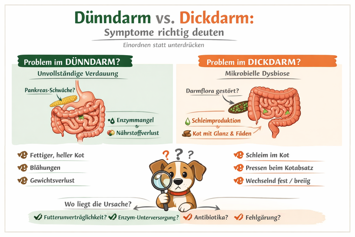 Schematische Darstellung von Dünndarm und Dickdarm beim Hund