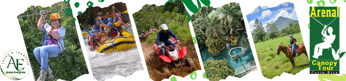 Adventure activities in Arenal Costa Rica including canyoning rafting ziplining and volcano views