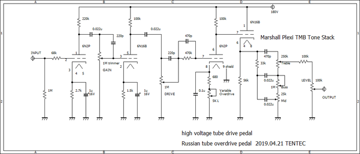 TMB Tone Stack High Voltage Tube Drive Overdrive Pedal schematic　真空管オーバードライブエフェクター回路図