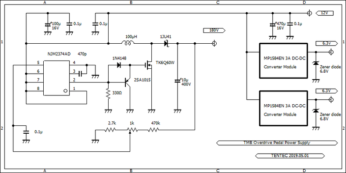 High Voltage Tube Overdrive Pedal Power Supply Schematic 真空管オーバードライブエフェクター高圧電源部回路図