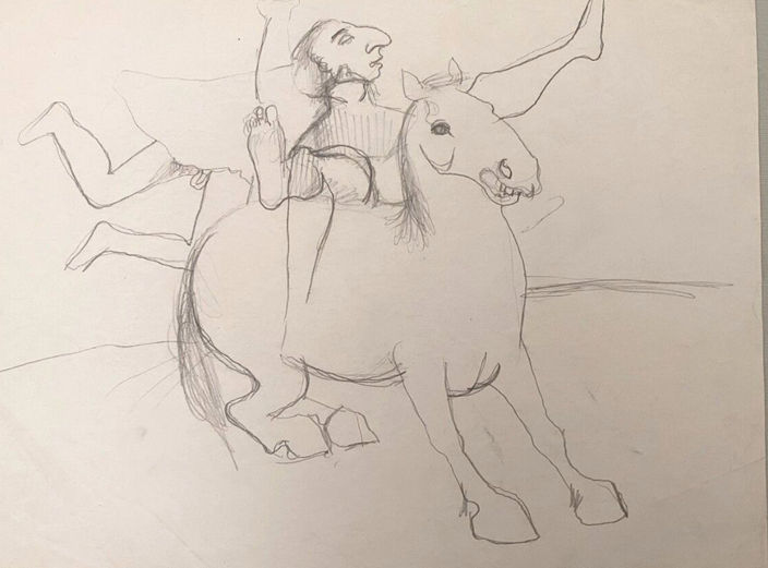 Pierre TAL COAT  personnage à cheval  circa 1930 Crayon sur papier 20 x 17 cm  avec cadre : 32,5 x 30 cm. Ce dessin  a ete authentifié par Mr Xavier Demolon, expose à la galerie agnes theibault à Paris
