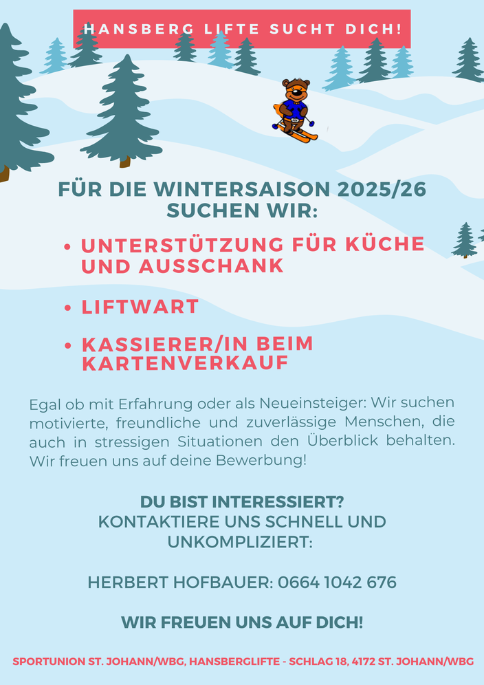 Stellenausschreibung Familienschigebiet Hansberglifte Mühlviertel