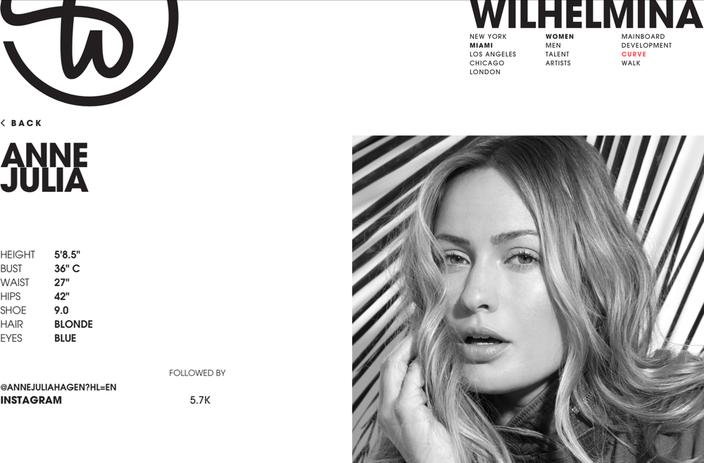 Online Portfolio auf der Agenturwebsite Wilhelmina Models