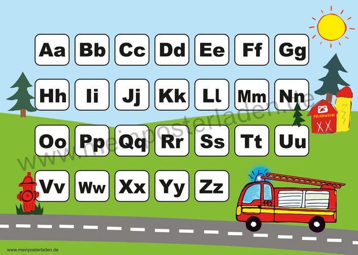 ABC Lernposter für die Grundschule mit Feuerwehrauto, optional laminiert
