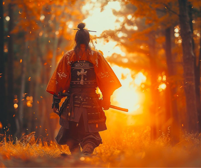 Japanese warrior walking into the sunset