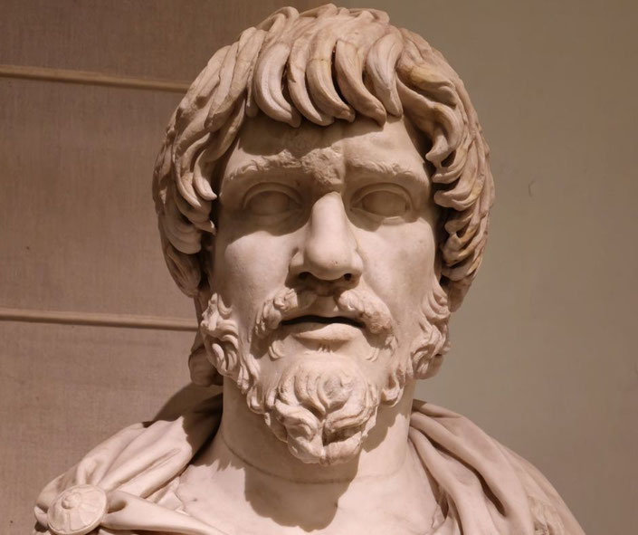 Marble bust of a bearded man with thick, wavy hair, draped in a toga, gazing forward with a solemn expression.