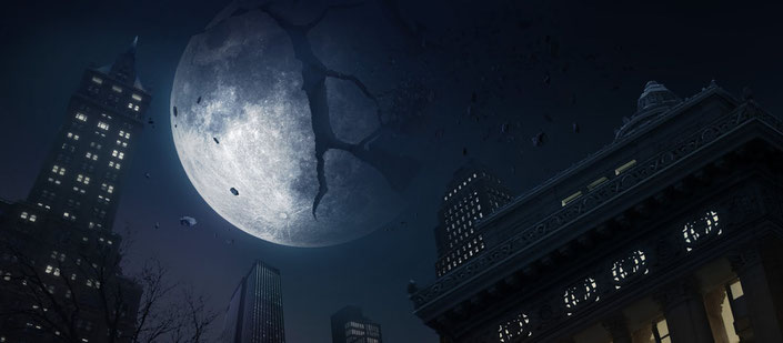 Image of moon shattering in night sky from the 2002 movie The Time Machine.  