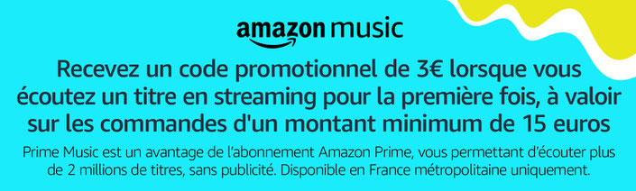 Recevez un code promotionnnel de 3 euros sur Amazon jusqu'au 10 janvier 2019 pour cela : écouter un titre sur Prime Music pour la première fois. Le code vous sera envoyé d’ici le 17 janvier 2019 et pourra etre utilisé jusqu’à la date du 31 janvier 2019.