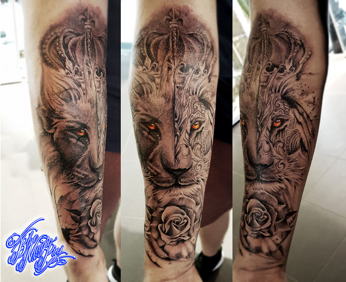 Mandala lion by Blue Magic Pins with crown and rose realistic black and grey tattoo